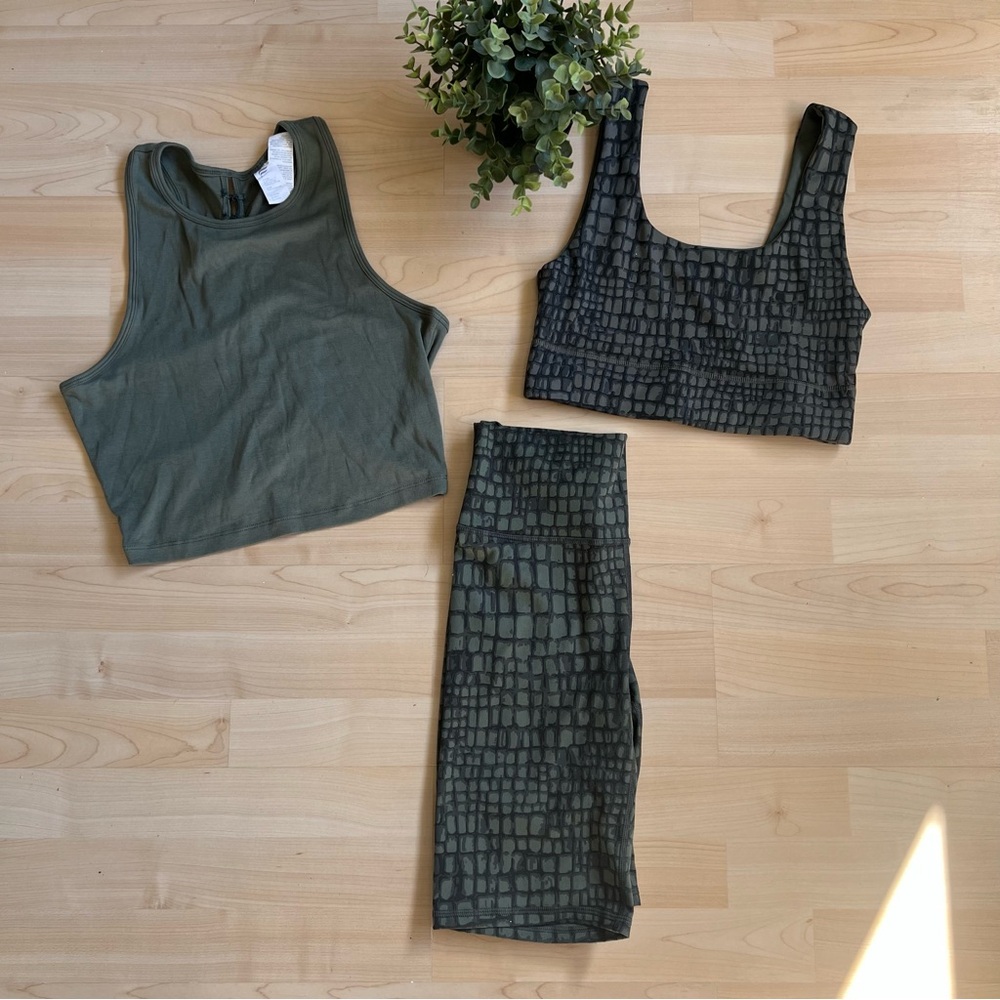 Women's Green Patterned high waisted biker Shorts/ sports bra and matching crop